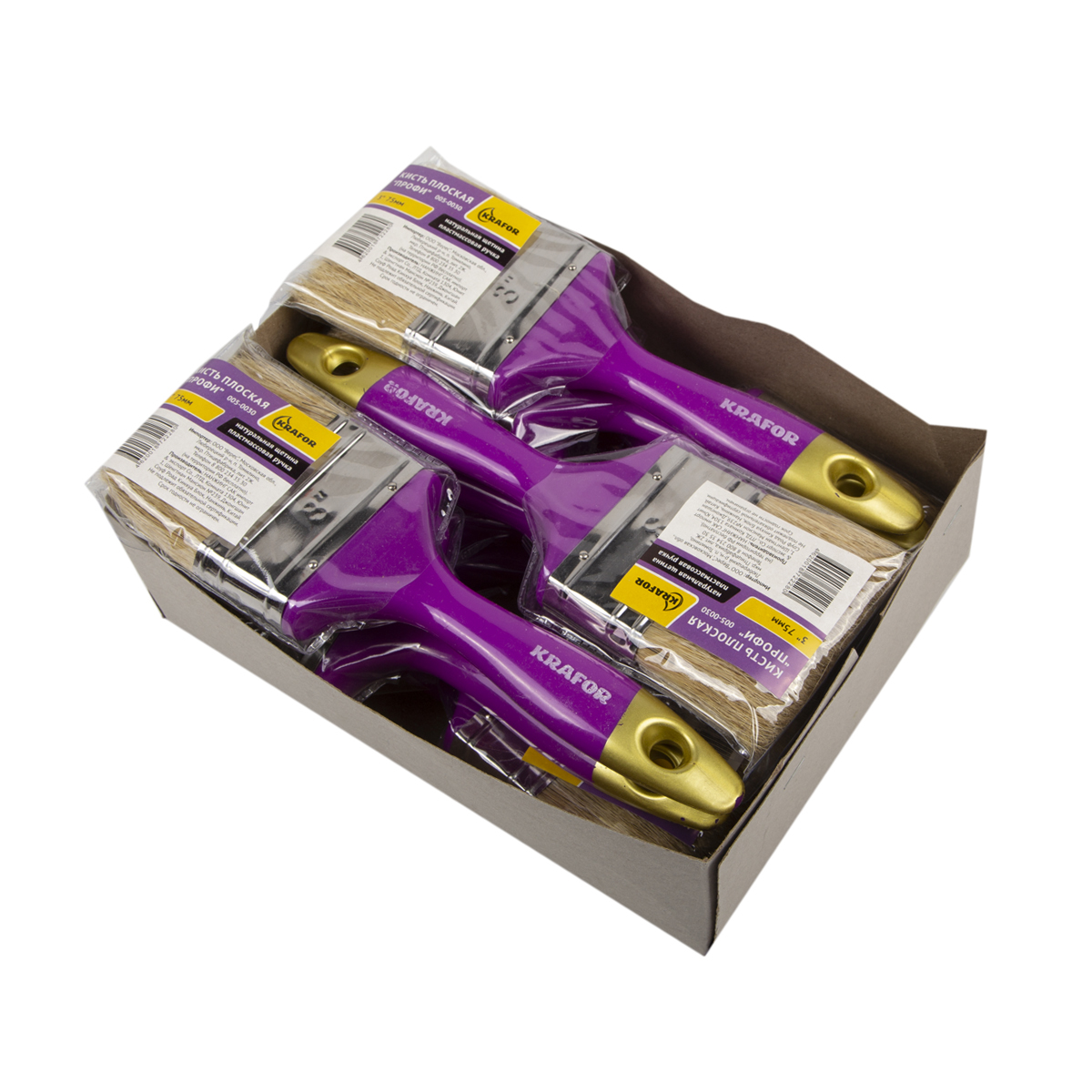 Кисть плоская "профи" №3 /75 мм  (12/240) натур. щетина, пласт.ручка "krafor" 005-0030