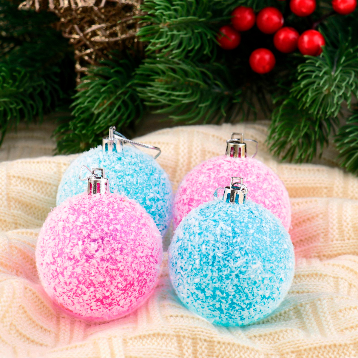 Шары новогодние d-6 см (набор 4 шт.) "заснеженный" малиново-голубой 1307159