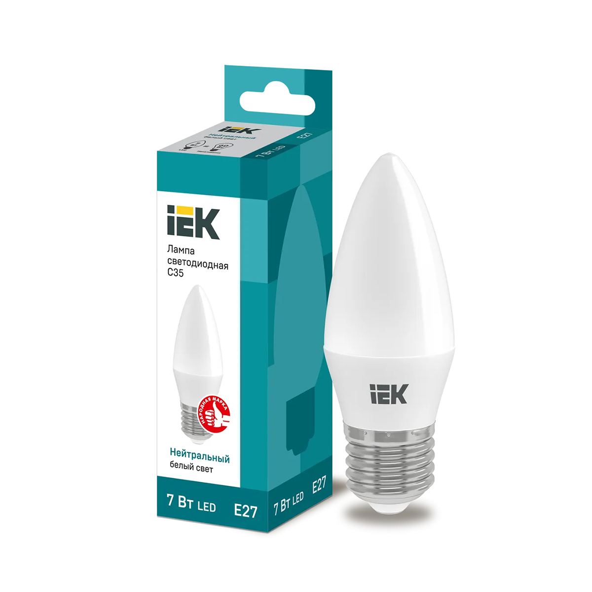 Лампа светодиодная (led) "iek" c35 свеча 07w 4000 к e27, нейтрал. свет (10/100)