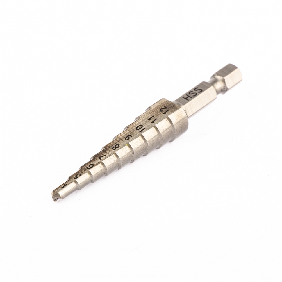 Сверло ступенчатое по металлу 4-5-6-7-8-9-10-11-12 мм, Р6М5, шестигранный хвостовик Барс (72360)