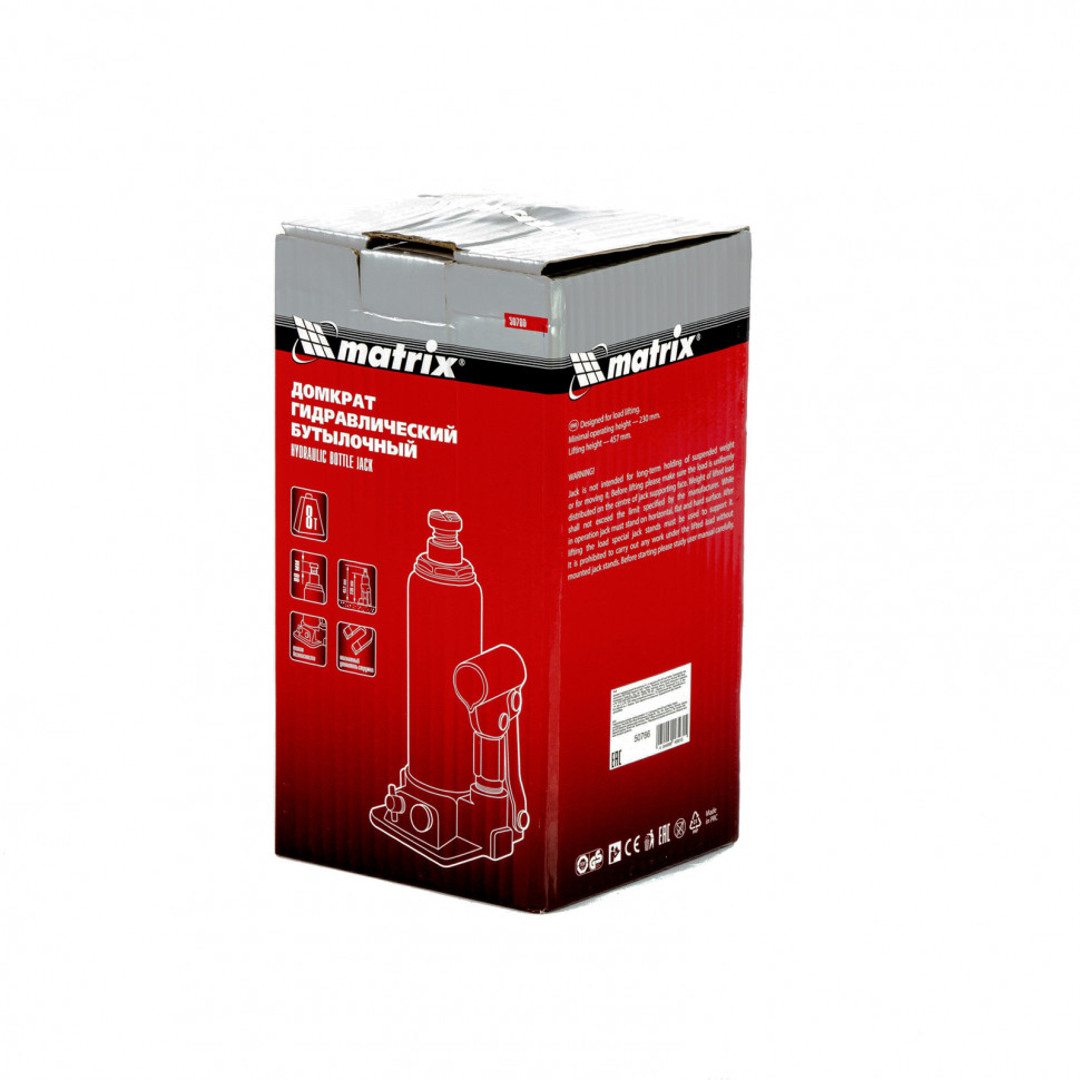 Домкрат гидравлический бутылочный, 8 т, h подъема 230-457 мм Matrix (50766)