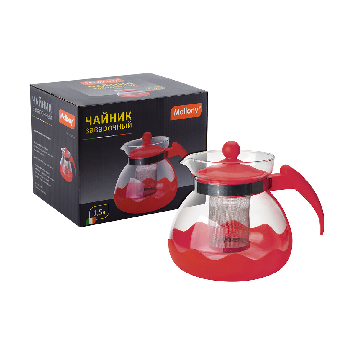 Чайник завар. стекло "decotto-1500" 1,5 л пластик ручка, фильтр нержав. (1/24) "mallony"