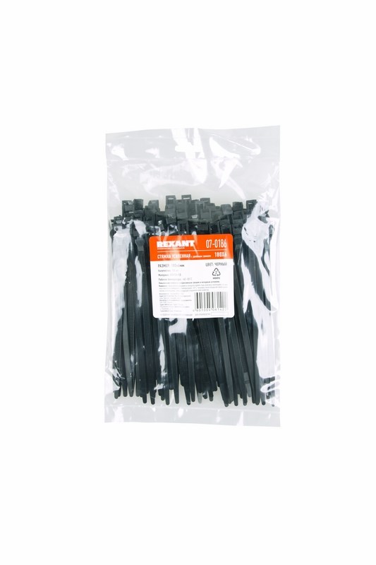 Хомуты нейлон усилен., двойной замок 6,0 х 180 мм (набор 100 шт.), черные (1/5/80) "rexant" 07-0186