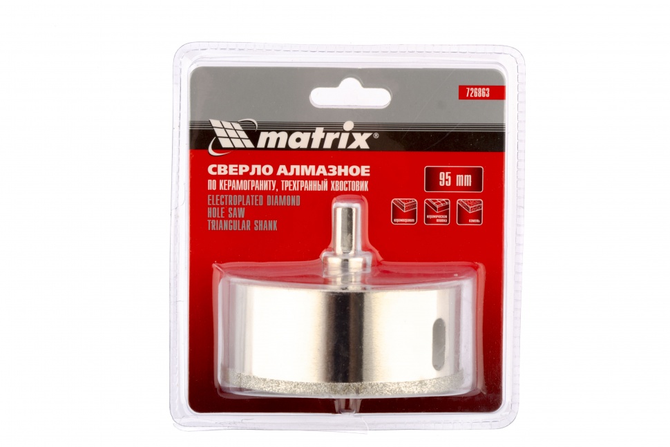 Сверло алмазное по керамограниту, 95 х 67 мм, трехгранный хвостовик Matrix (726863)