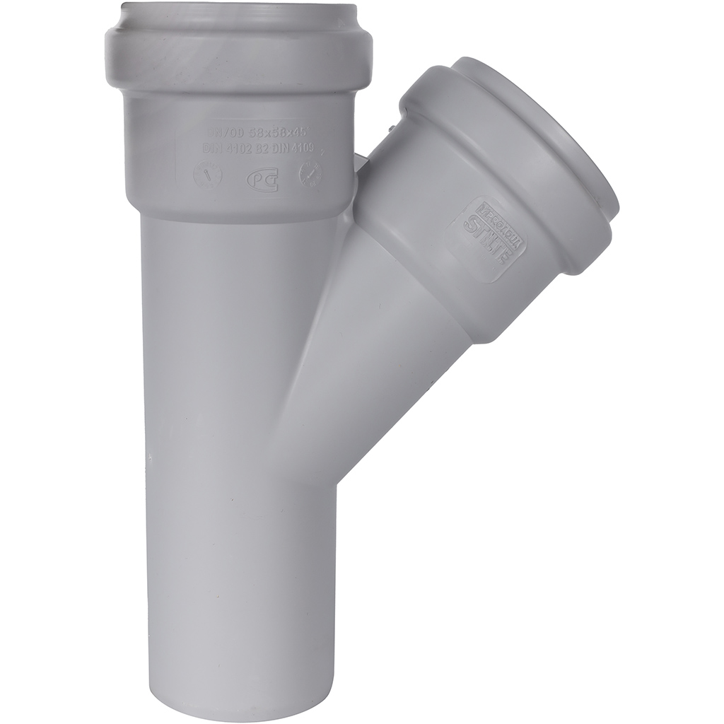 Тройник 45° канализационный бесшумный D = 58 x 58 мм STOUT