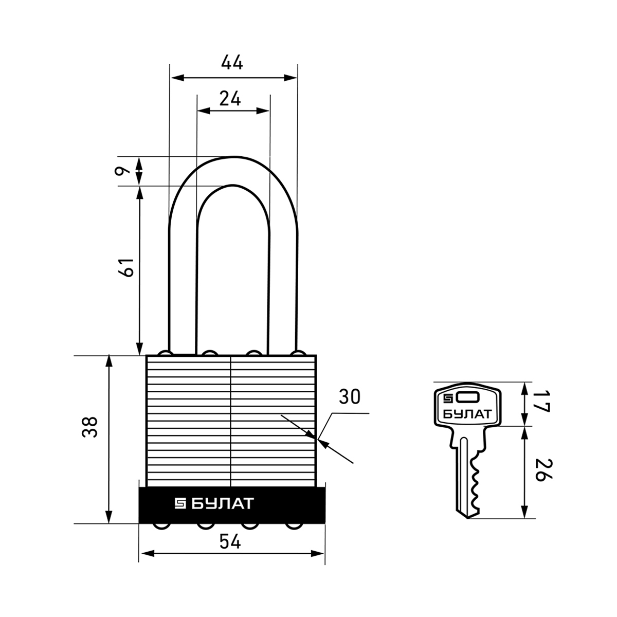 Замок навесной вс 0150-01 9 мм (5 ключей, длинная дужка) (1/6/36) "булат"