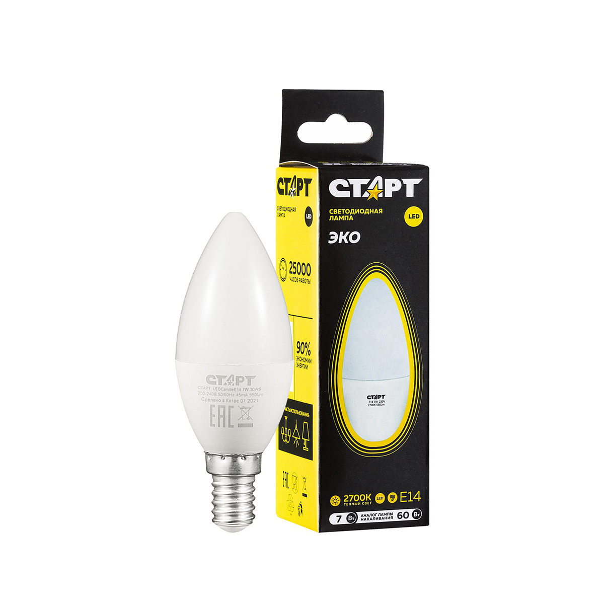 Лампа светодиодная "старт эко" свеча 7w 2700 к  e14, тепл. свет (10/100)