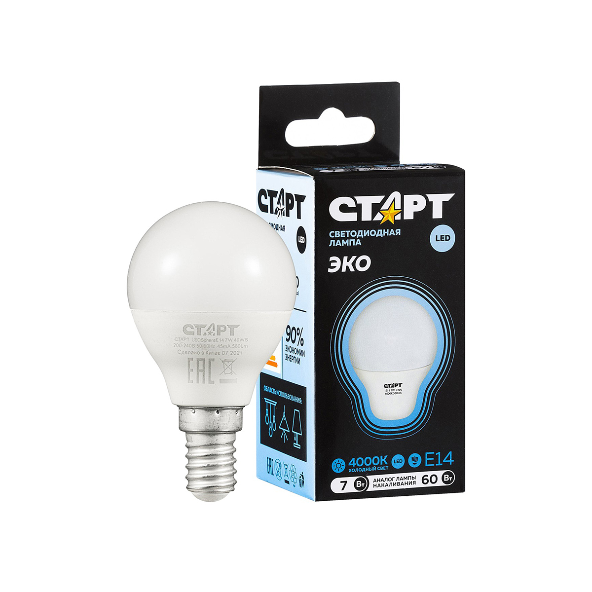 Лампа светодиодная "старт эко" шарик 7w 4000 к  e14, хол. свет (10/100)