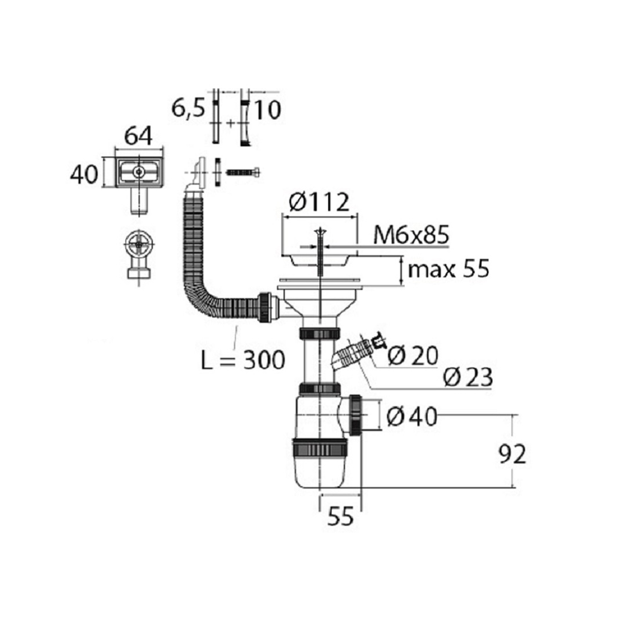 Сифон "эконом" с нерж. чашкой 114 мм с кругл. и прямоуг. переливом (1/25) "вирпласт"
