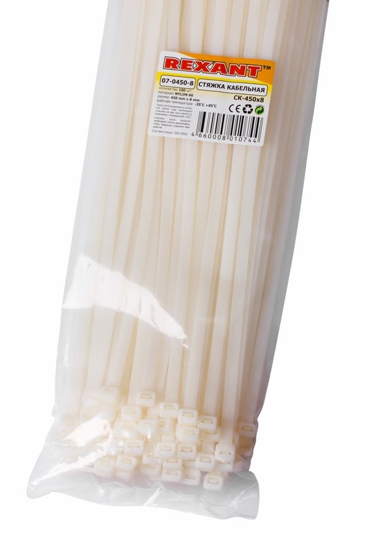 Хомуты нейлон 7,6 х 450 мм (набор 100 шт.), белые (1/5/25) "rexant" 07-0450-8