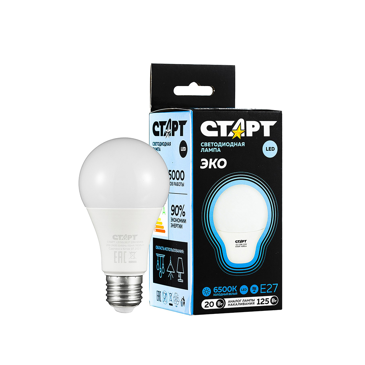 Лампа светодиодная "старт эко" груша 20w 6500 к  e27, белый хол. свет (10/100)