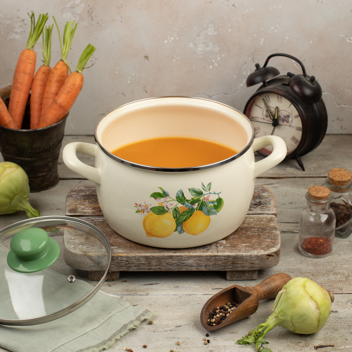 Кастрюля эмалиров. "лимоны" 7,5 л, 24 см стекл. крышка (1/4) "metrot"