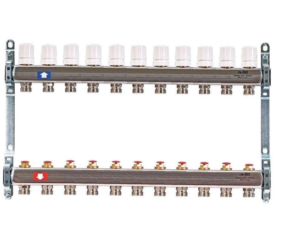 Колл. группа на 11 выходов UNI-FITT 1"x3/4" ЕК с рег. и термостатическими вентилями - нерж. сталь