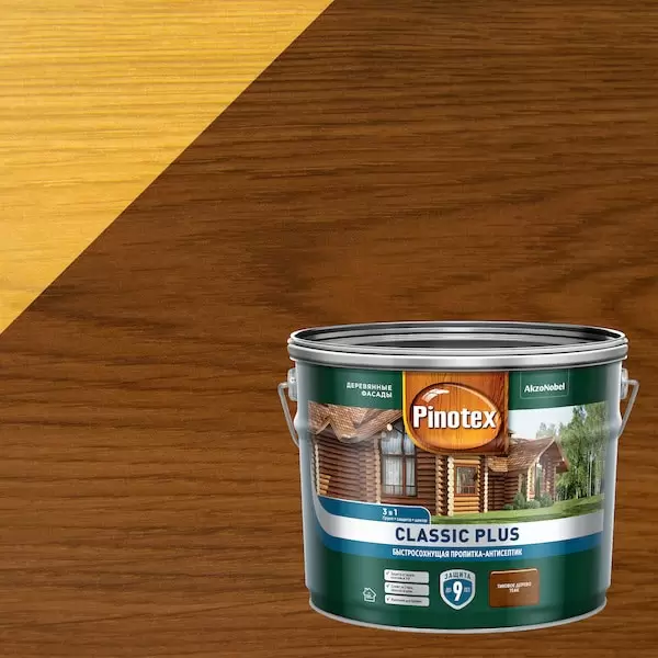 PINOTEX CLASSIC PLUS пропитка-антисептик быстросохнущая 3 в 1, тиковое дерево (9л)