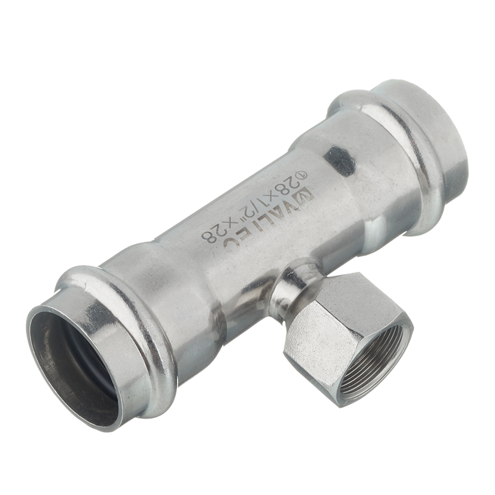 Тройник В-пресс 28 x 1/2" x 28 нержавеющая сталь VALTEC