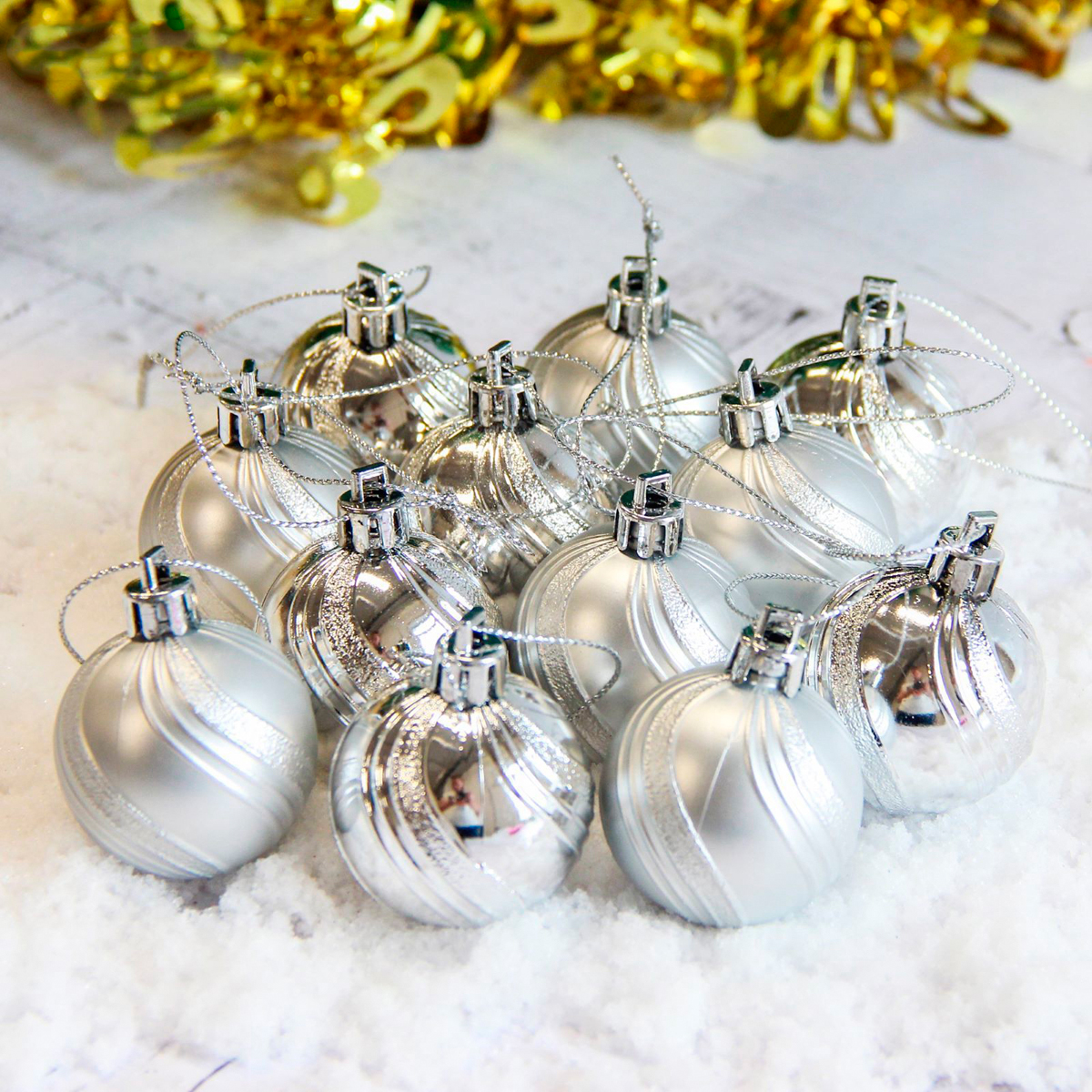 Шары новогодние d-4 см (набор 12 шт.) "волна" серебро  "зимнее волшебство" 2122476