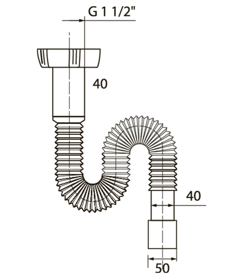 Сифон гофрированный без выпуска 1 1/2 х 40/50 мм, L800 мм с хомутом жёсткости WIRQUIN