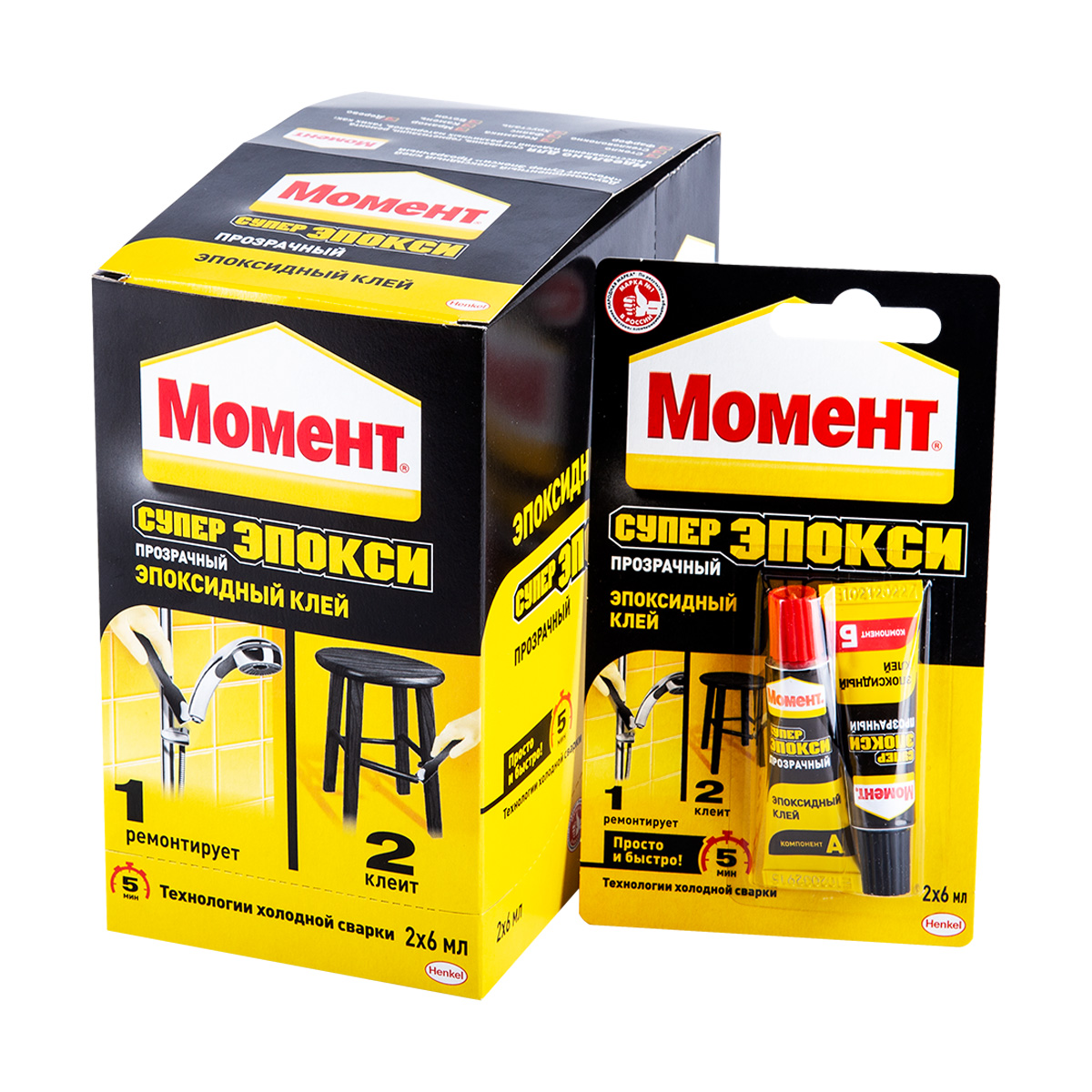 Клей момент супер эпокси прозрачный 2 х 6 мл в шоу-боксе (1/10/40)  хенкель