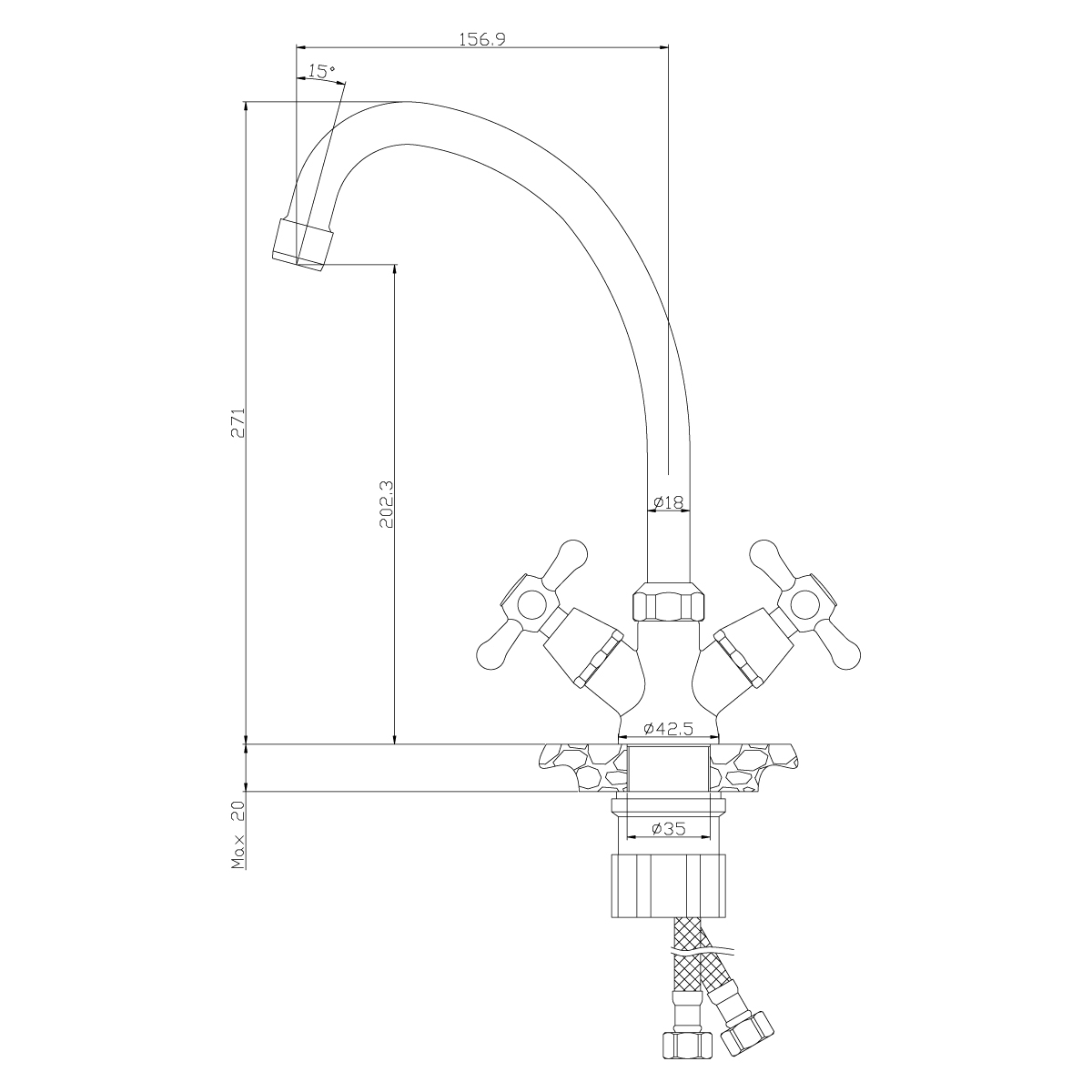 Смеситель для кухни  y02-71u  высокий поворотн. излив, двухвентильный (1/12) "rossinka"