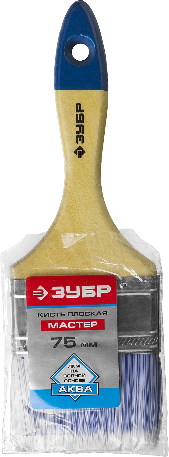 ЗУБР АКВА, 75 мм, 3″, светлая искусственная щетина, деревянная ручка, для воднодисперсионных и акриловых ЛКМ, плоская кисть (4-01007-075)