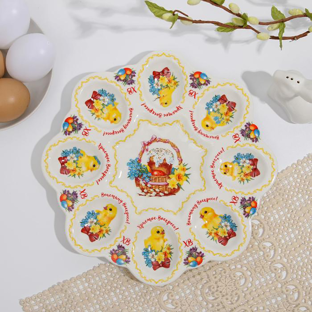Блюдо для кулича и 8 яиц "цыплята" керамич. 25*25 см (1) 2735816