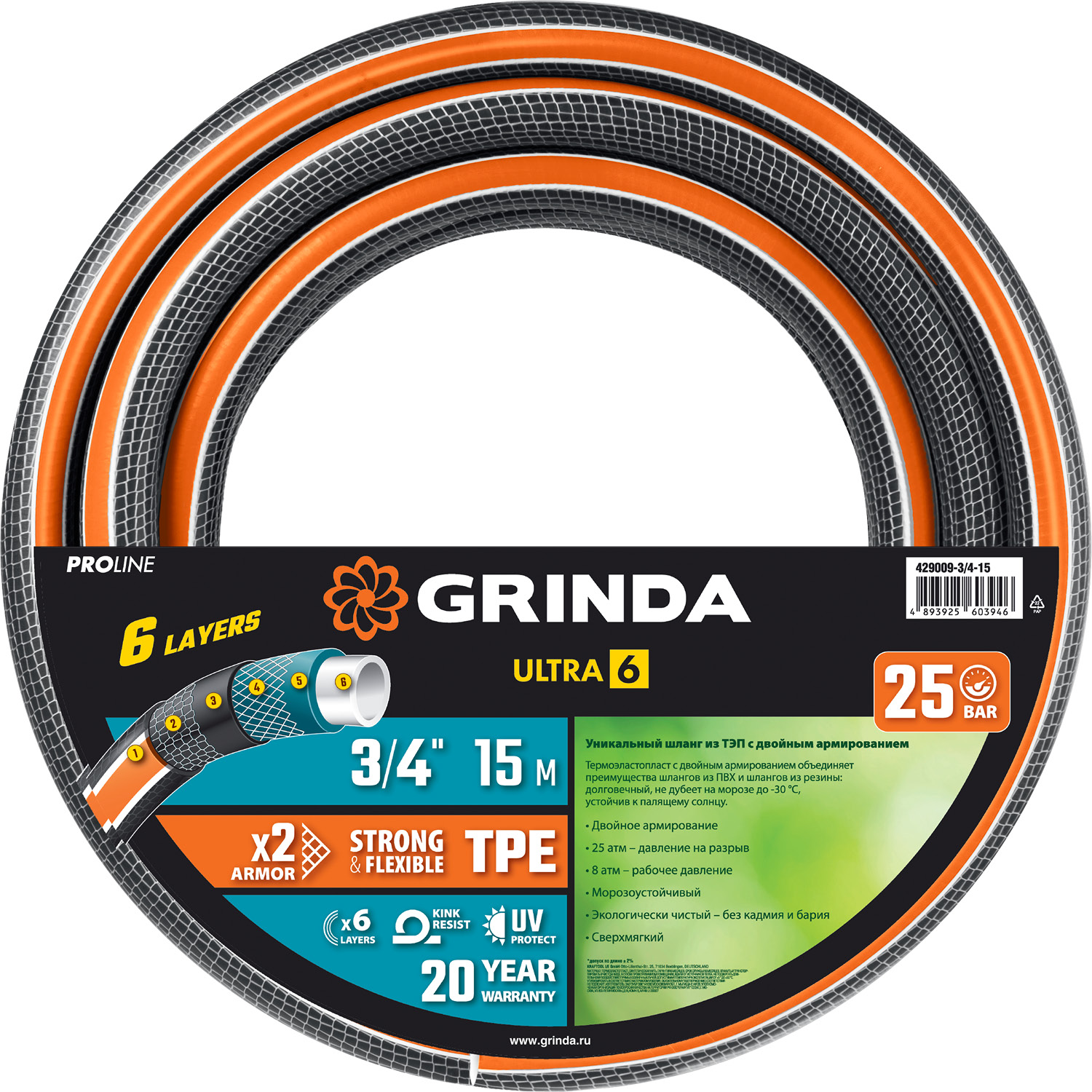 GRINDA ULTRA 6, 3/4″, 15 м, 25 атм, шестислойный, двойное армирование, поливочный шланг, PROLine (429009-3/4-15
