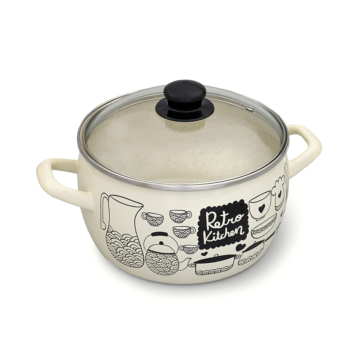 Кастрюля эмалиров. "ретро" 2,4 л, 16 см стекл. крышка (1/4) "metrot"