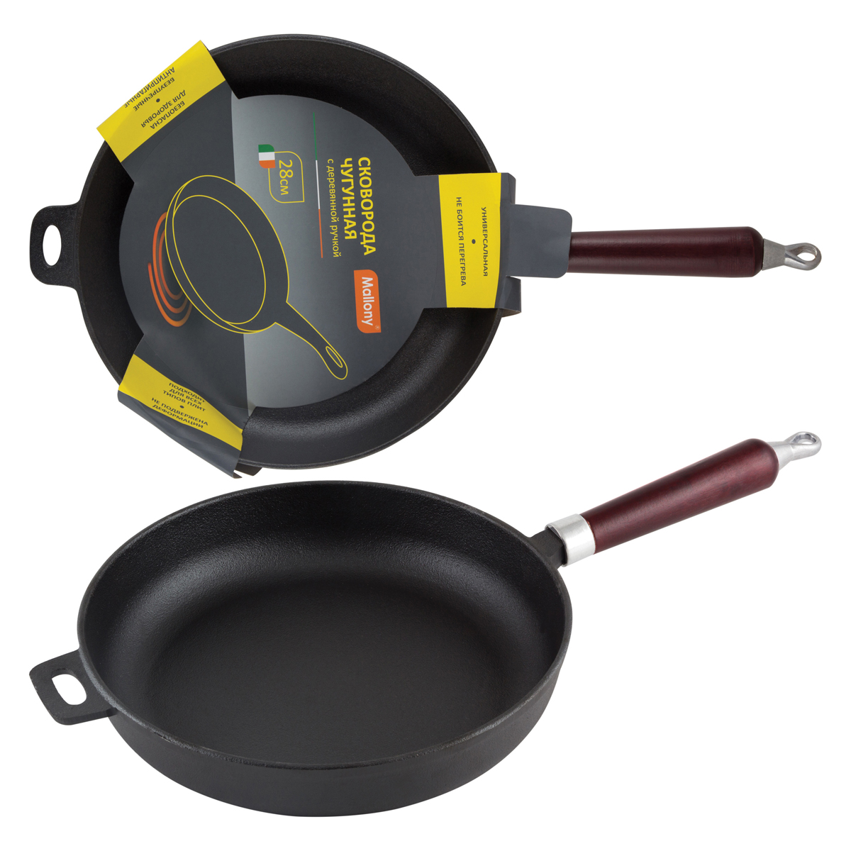 Сковорода чугунная 28 см ручка дерев. (1/4) "mallony"  cif28-w