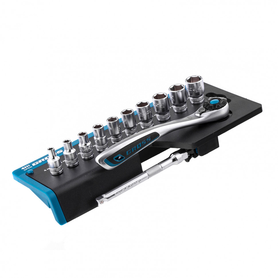Набор торцевых головок, трещотка 120 зубьев, 12 предметов, 1/4", CrV Gross (14141)