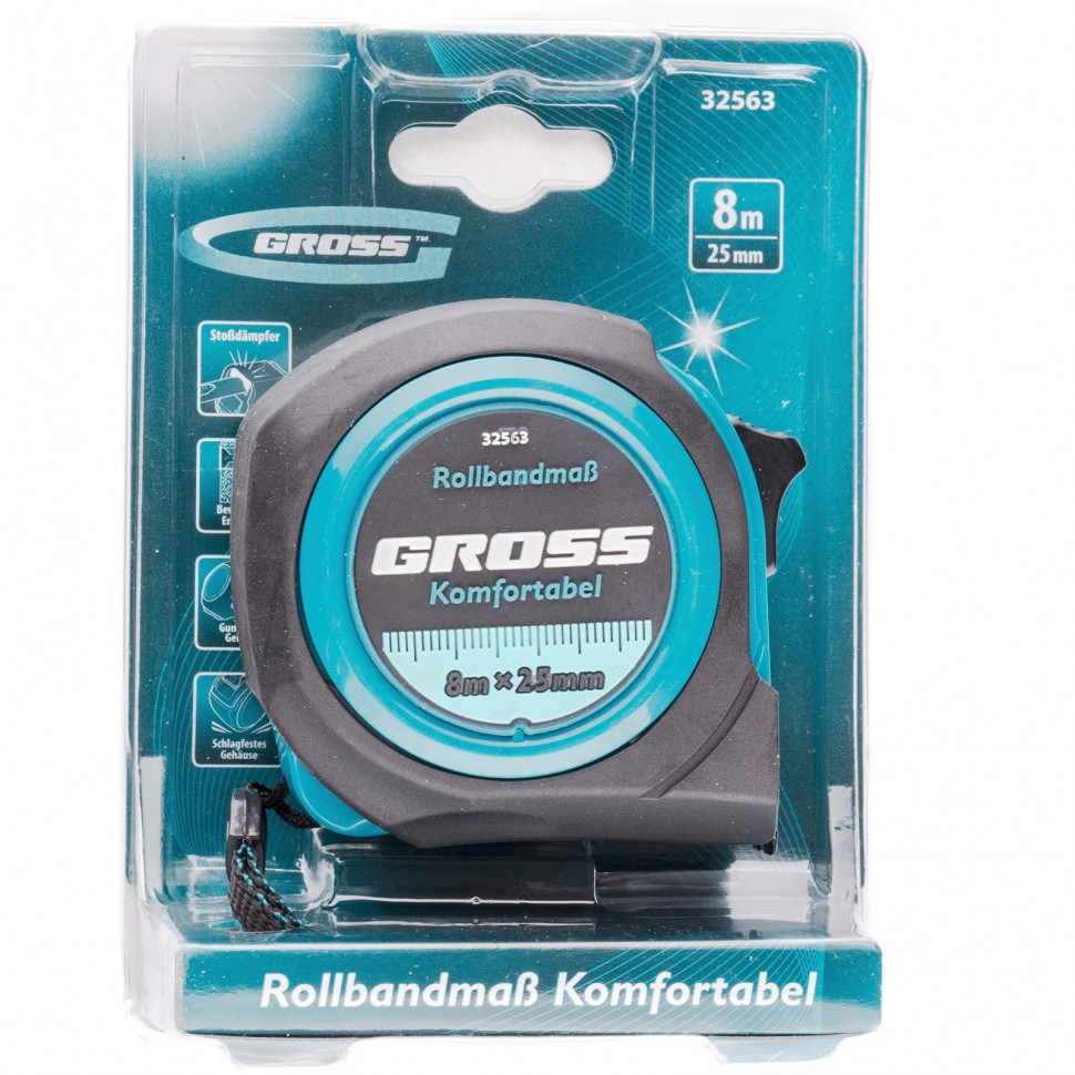 Рулетка Komfortabel 8 м х 25 мм, обрезиненный корпус Gross (32563)