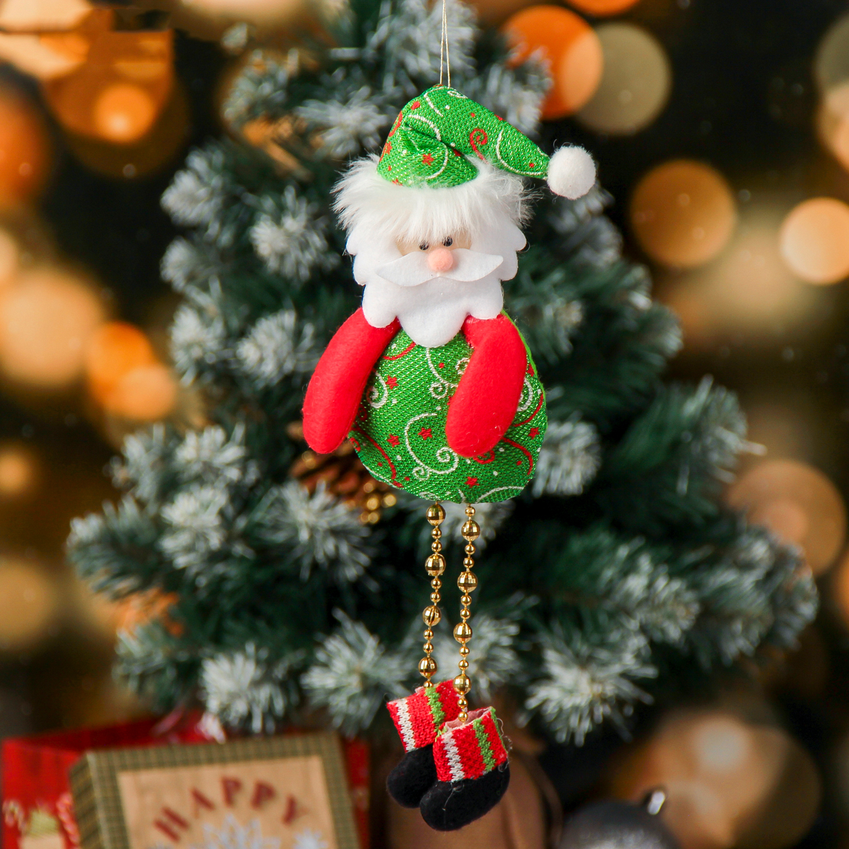 Украшение новогоднее "дед мороз кругляш ножки - бусинки" 8*26 см, мягкий, зеленый 3544124