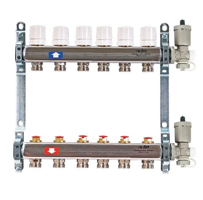 Колл. группа 1"x3/4" ЕК 6 выходов UNI-FITT с вентилями и воздухоотводчиками - нерж.сталь