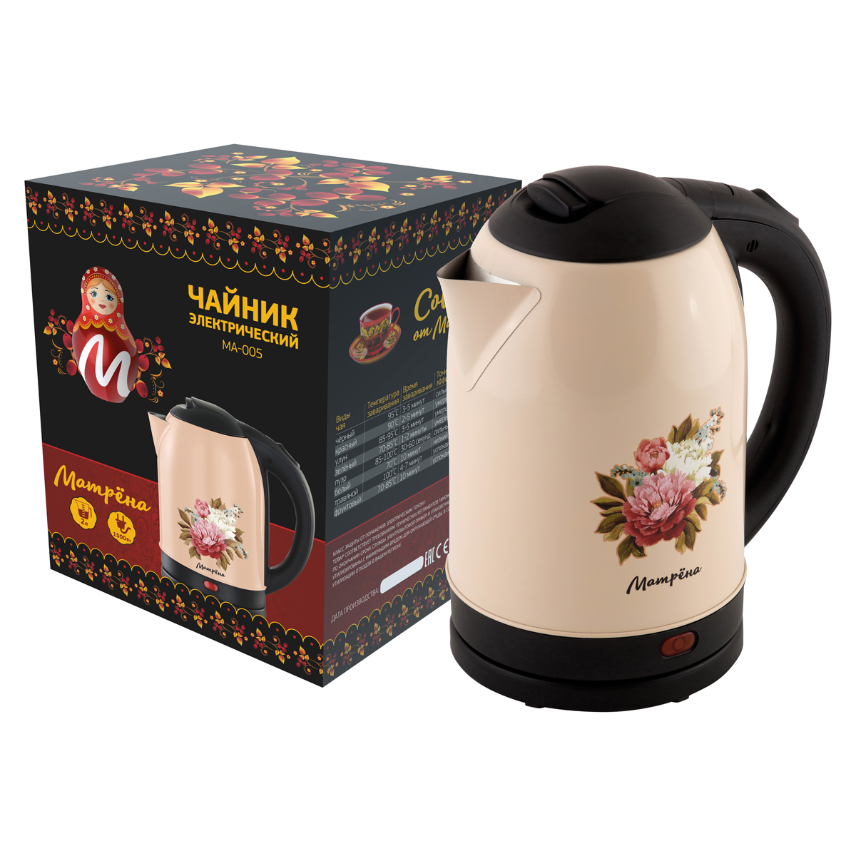 Чайник электр. "матрёна" ma-005 2 л (1/12) сталь (бежевый)
