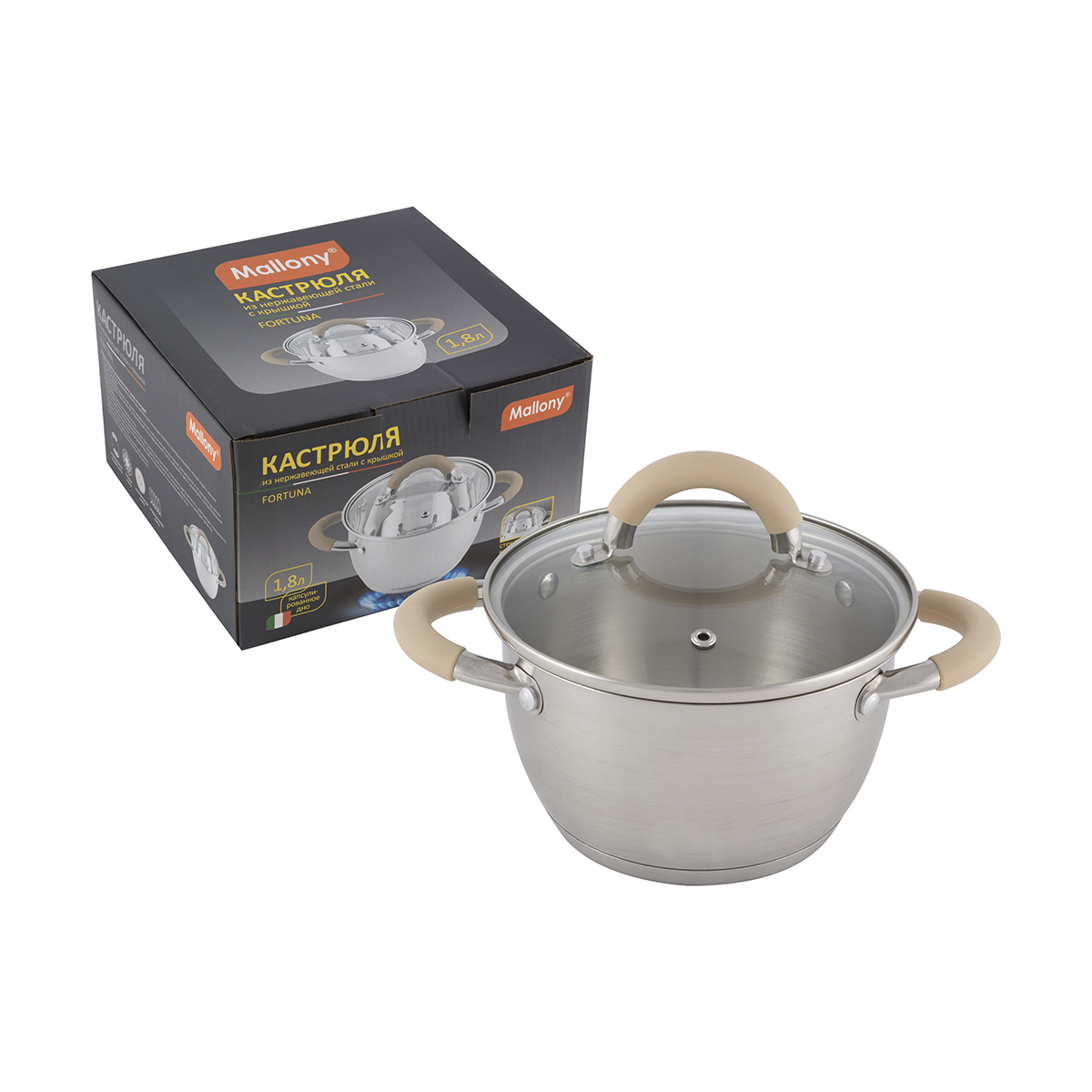 Кастрюля нержав. "fortuna" 1,8 л стекл. крышка, матовый корпус, ручки с силиконом (1/8) "mallony"