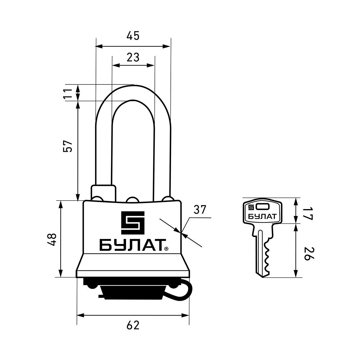 Замок навесной всепогодный вс 0350-01  11 мм (5 ключей, длинная дужка) (1/6/36) "булат"