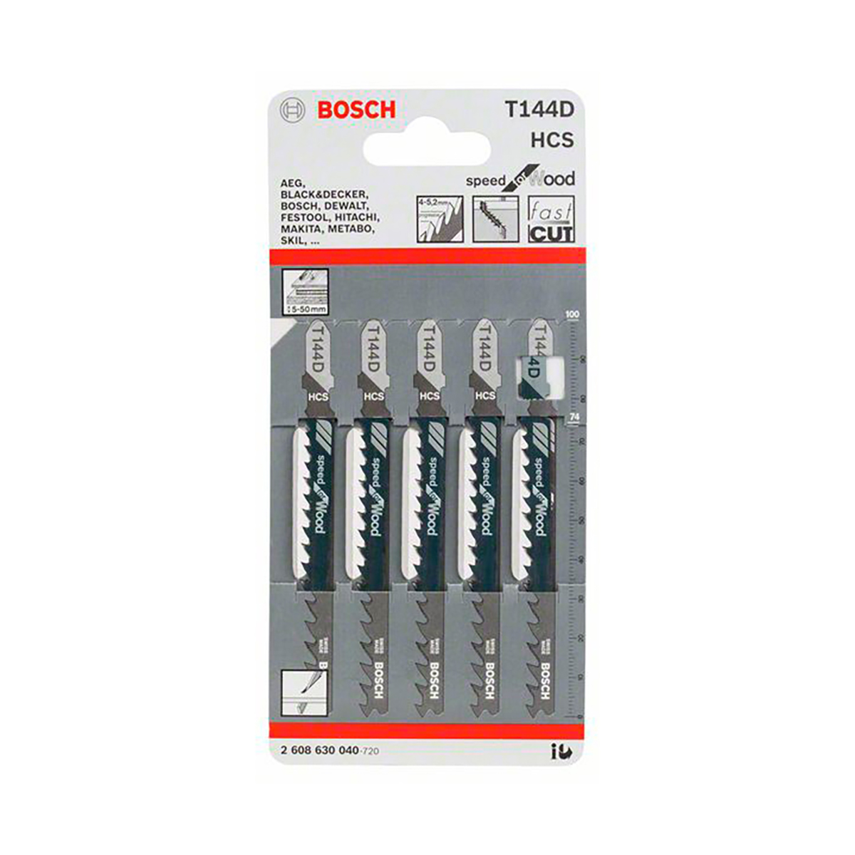 Полотна д/ эл. лобзика по дереву t144d  5 шт. 74 мм (хвостовик с 1 упором) (1) "bosch" 2608630040