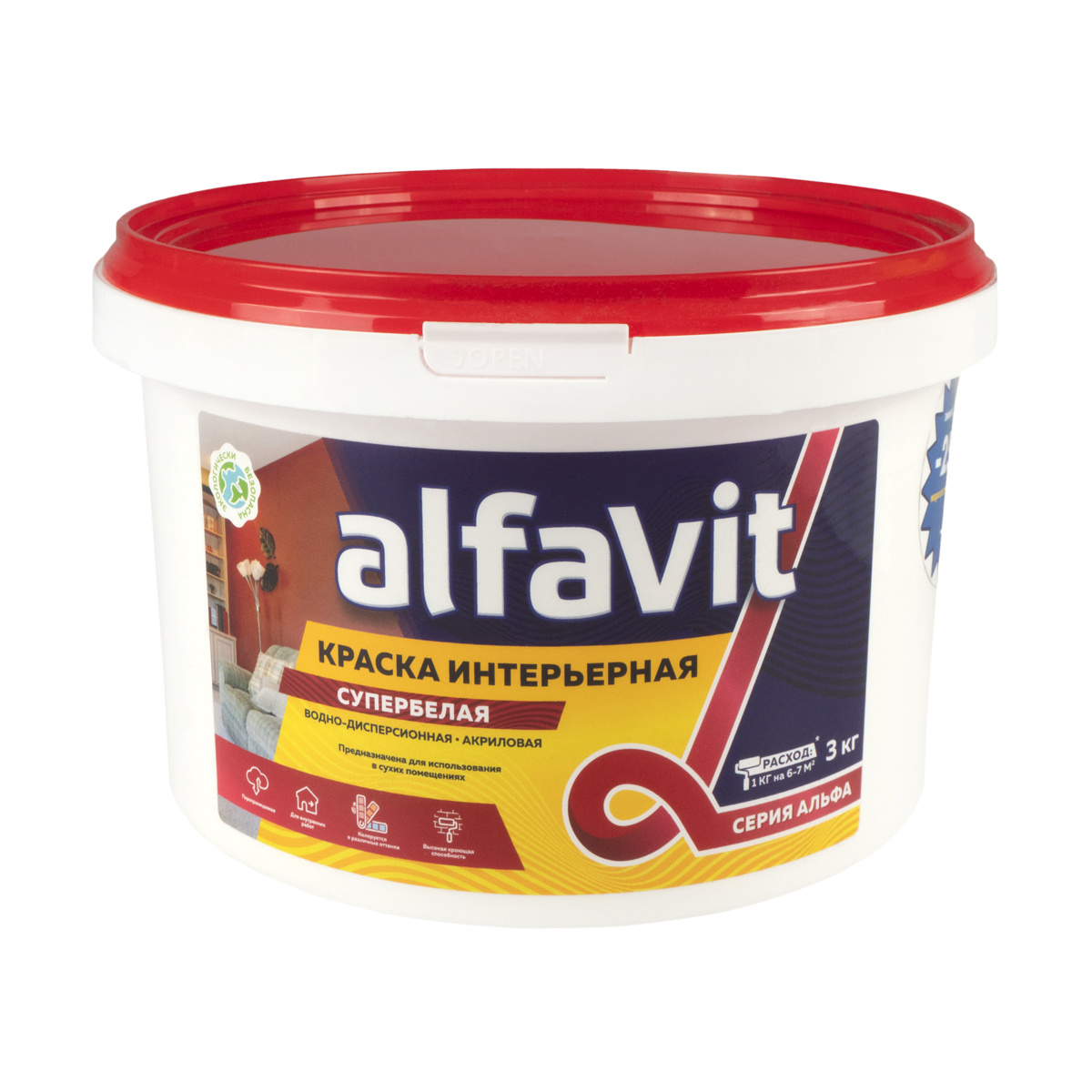 Краска в/д интерьерная супербелая "alfavit"  3 кг (1) серия альфа