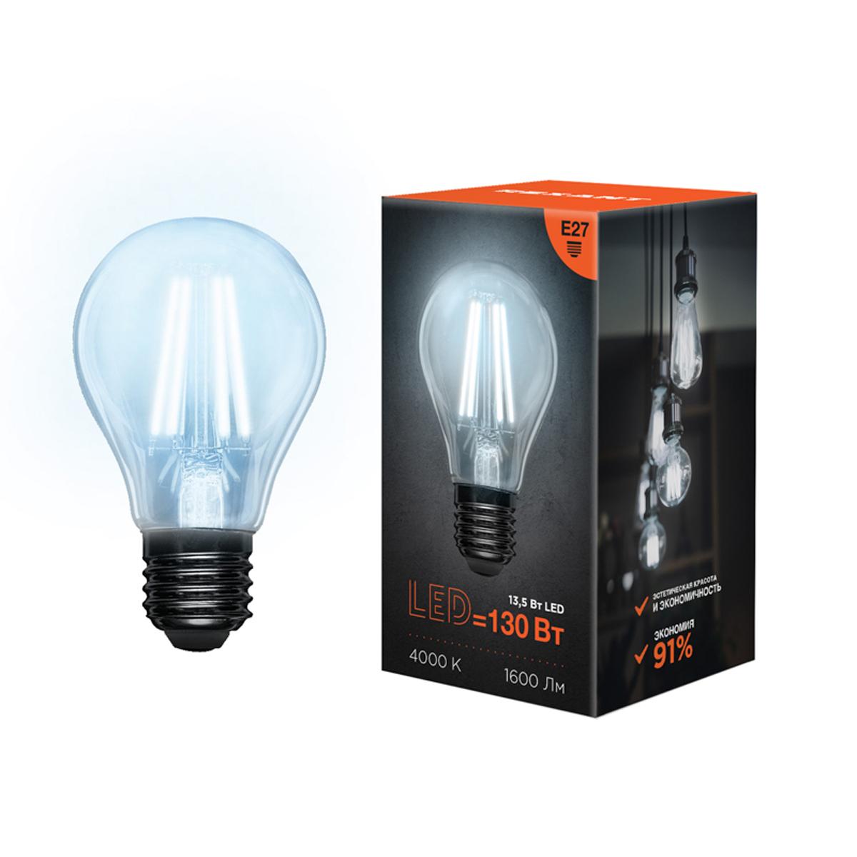 Лампа филаментная "rexant" груша a60  13,5w 4000 k 1600 лм  e27 (прозрачн.) (10/100) 604-082