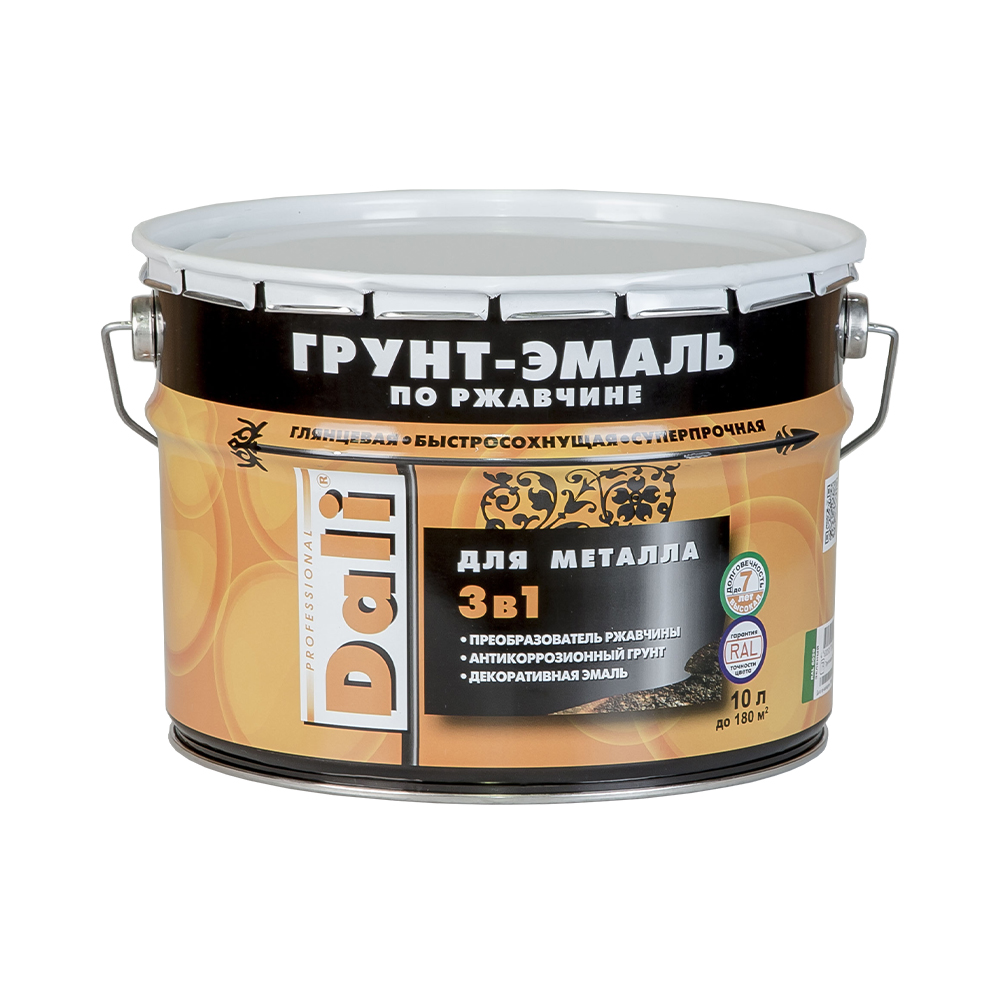 Грунт- эмаль по ржавчине "dali"  3 в 1 серебристый алюминий (ral 9006) 10 л (1) "рогнеда"