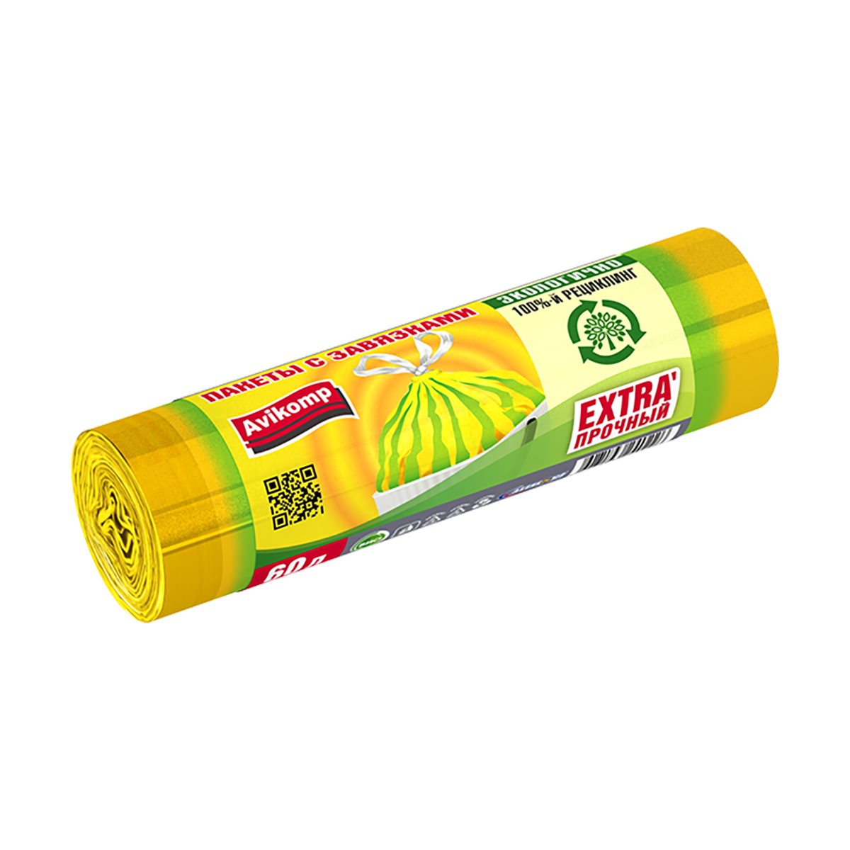 Пакеты для мусора с завязками "prestige" полосатики 60 л, рулон 10 шт (желт./салатов.) 22 мкм (1/20)