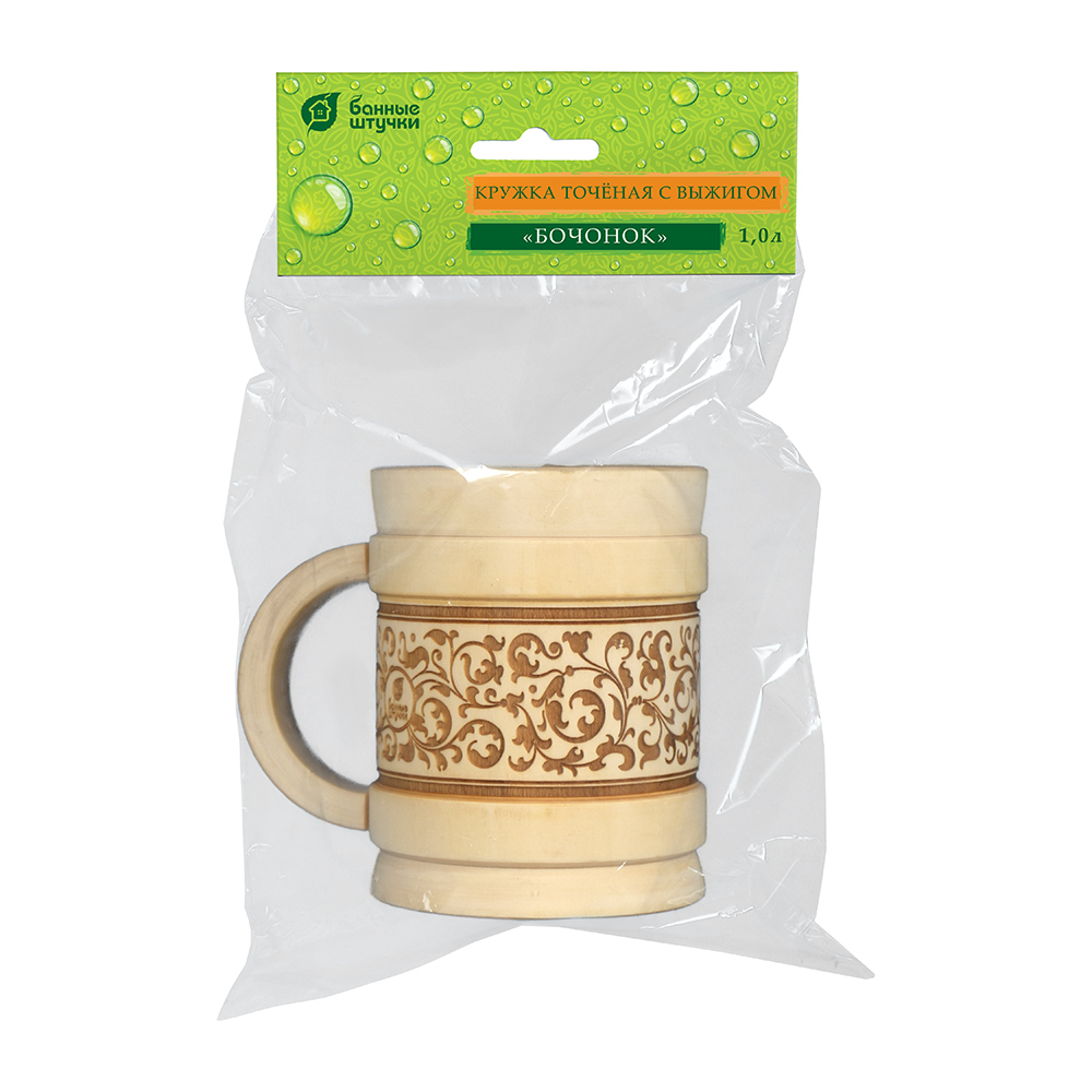Кружка точёная "бочонок" с выжигом 1 л, липа (1/7) "банные штучки" 33283