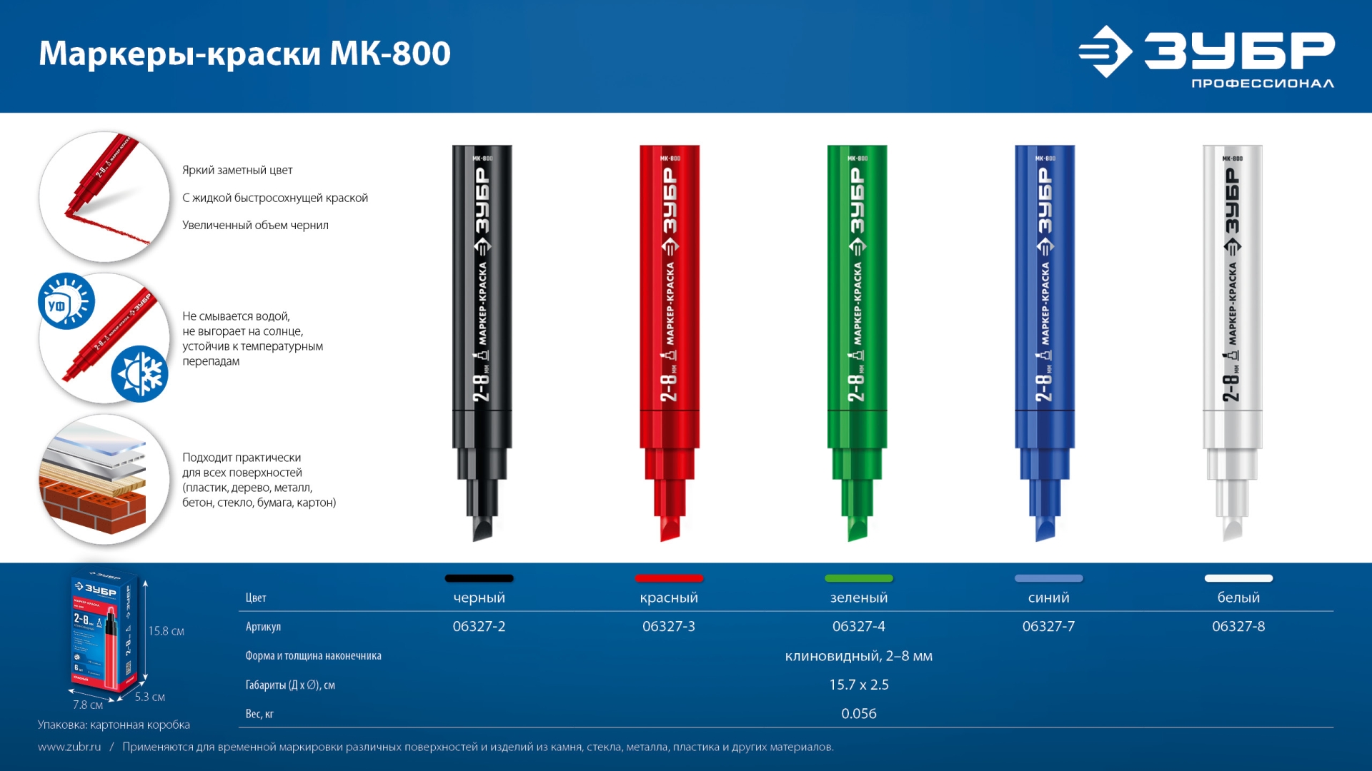 ЗУБР МК-800 2-8 мм, клиновидный, синий, экстрабольшой объем, Маркер-краска, ПРОФЕССИОНАЛ (06327-7)