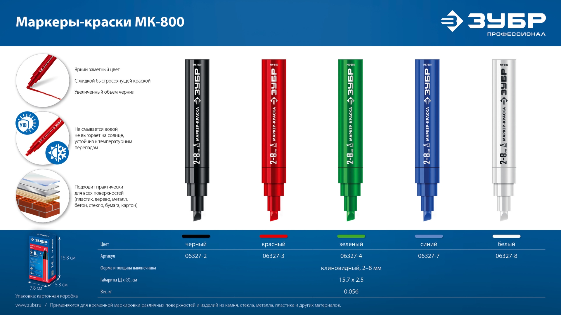 ЗУБР МК-800 2-8 мм, клиновидный, зеленый, экстрабольшой объем, Маркер-краска, ПРОФЕССИОНАЛ (06327-4)