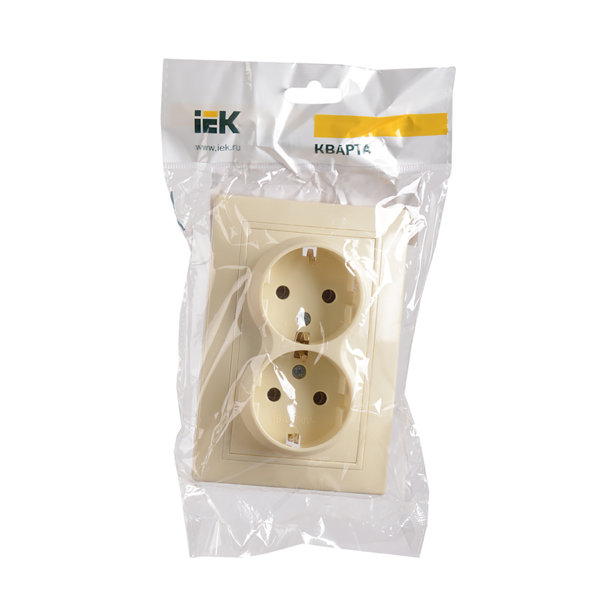 Розетка "кварта" 2-х местн. с заземл. рс12-3-км, 16а (керам.) кремовый (1/10/100) "iek"
