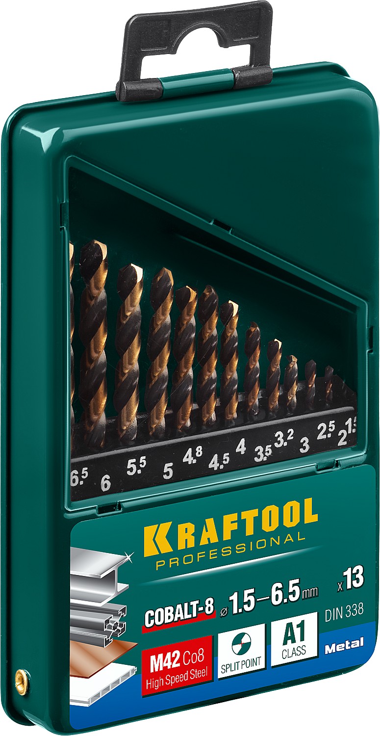 KRAFTOOL Cobalt, 13 шт, (1.5-6.5 мм), сталь М42, HSS-Co(8%), набор сверл по металлу (29656-H13)