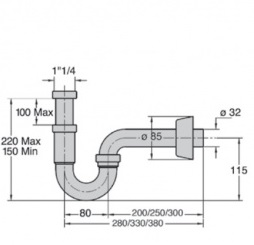 Сифон "U" для умывальника с накидной гайкой, хром 1"1/4х32мм M0488 MIANO