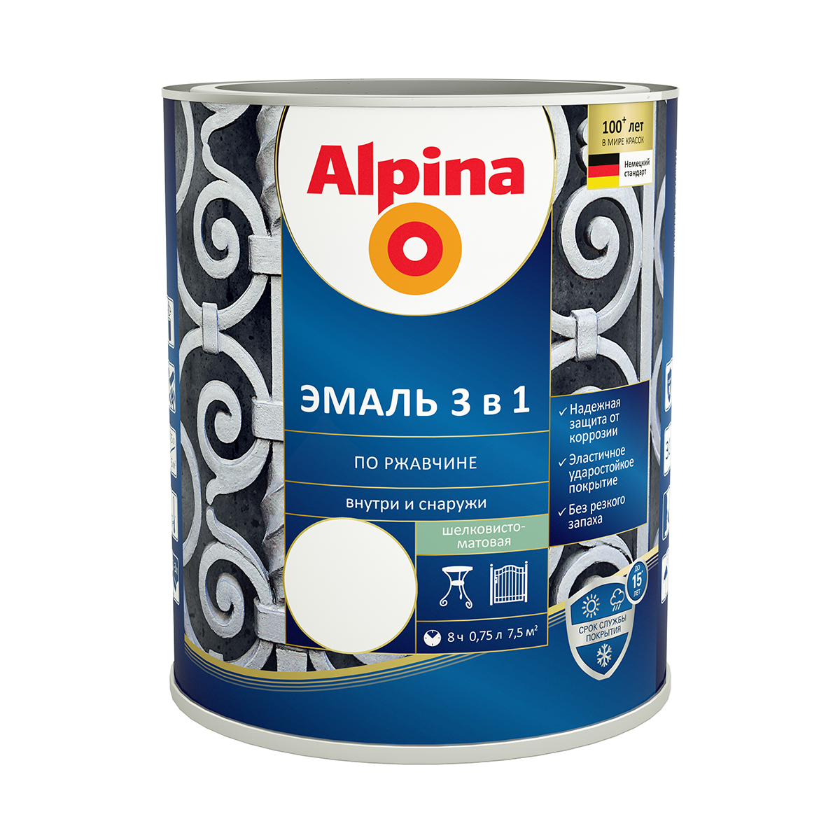 Грунт- эмаль по ржавчине 3 в 1 белая (ral 9003) 0,75 л (1/6) "alpina"