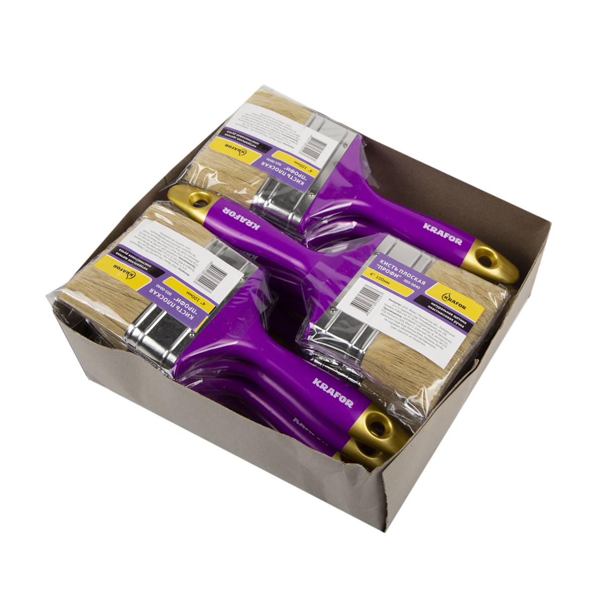 Кисть плоская "профи" №4 /100 мм  (12/120) натур. щетина, пласт.ручка "krafor" 005-0040