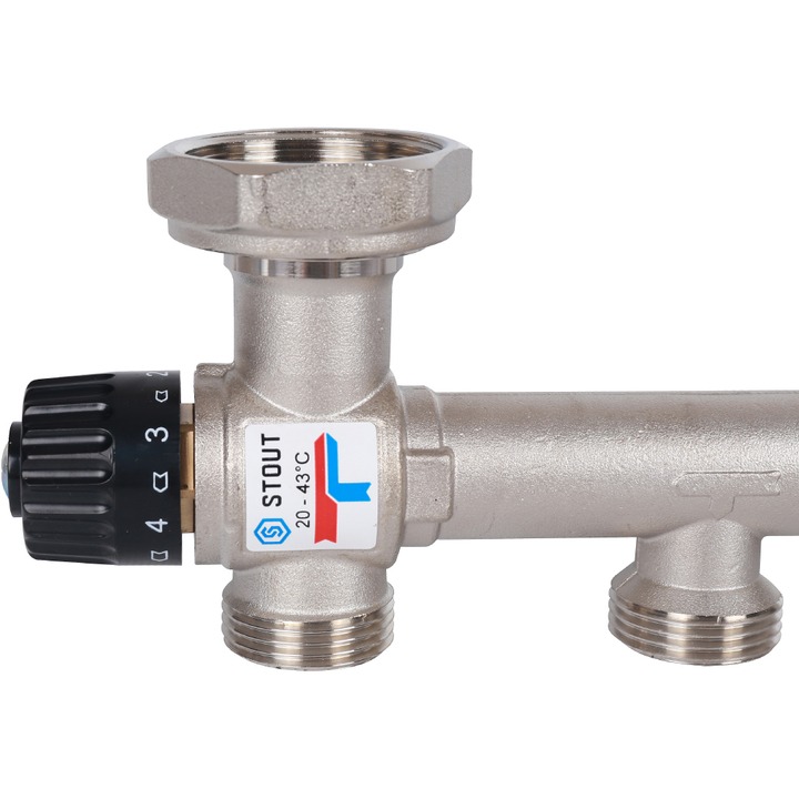 Смесительный узел STOUT 1" с ЖК термометром и термостатическим клапаном, без насоса, никелированный