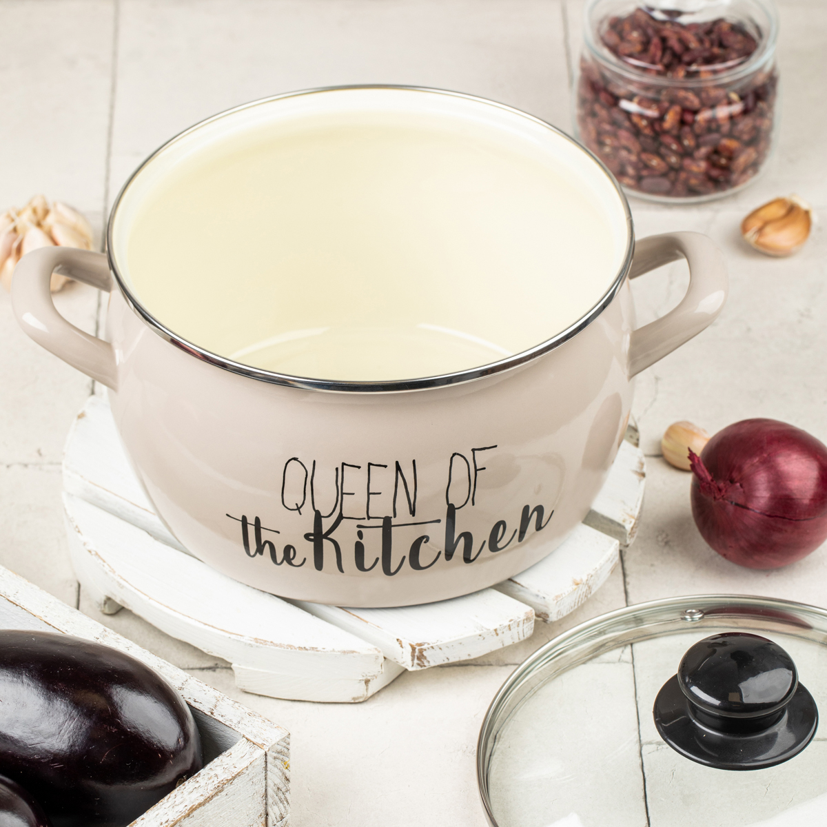 Кастрюля эмалиров. "queen of kitchen" 5,4 л, 22 см стекл. крышка (1/4) "metrot"